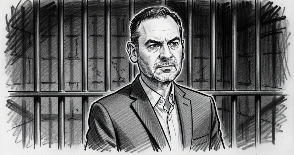 Caricatura de José Luis Ábalos desde la cárcel de Soto del Real, exministro del PSOE enfrentando juicio
