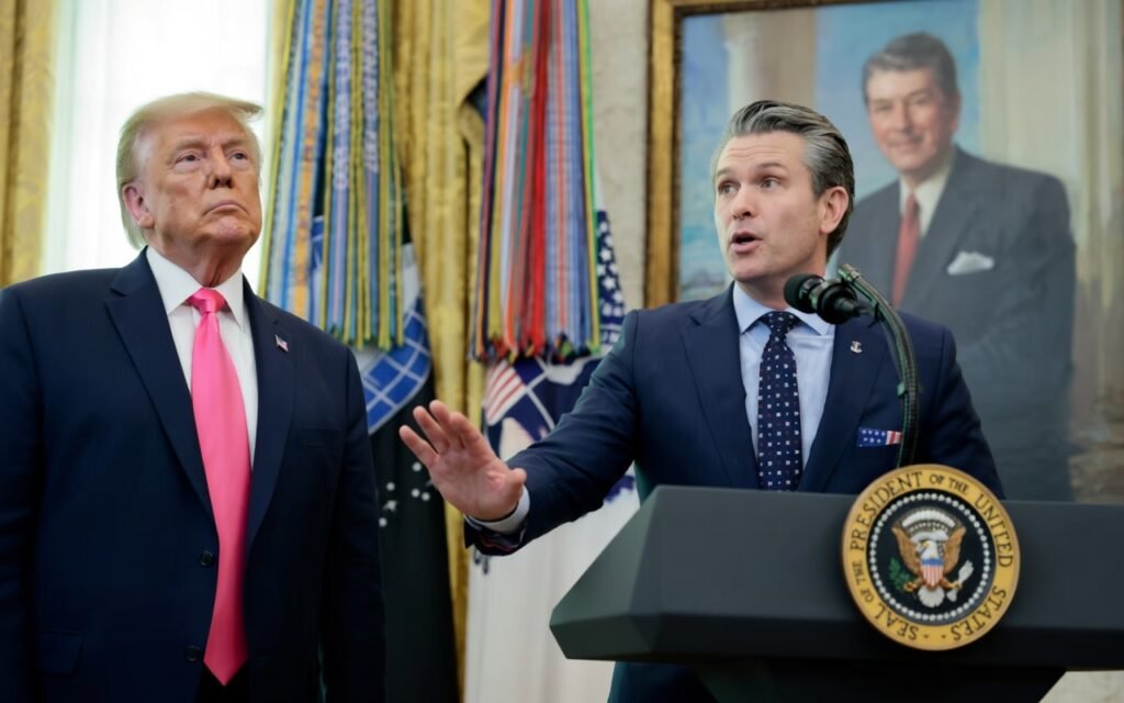 Donald Trump junto al secretario de Defensa durante una rueda de prensa en la Casa Blanca con un retrato presidencial de fondo.