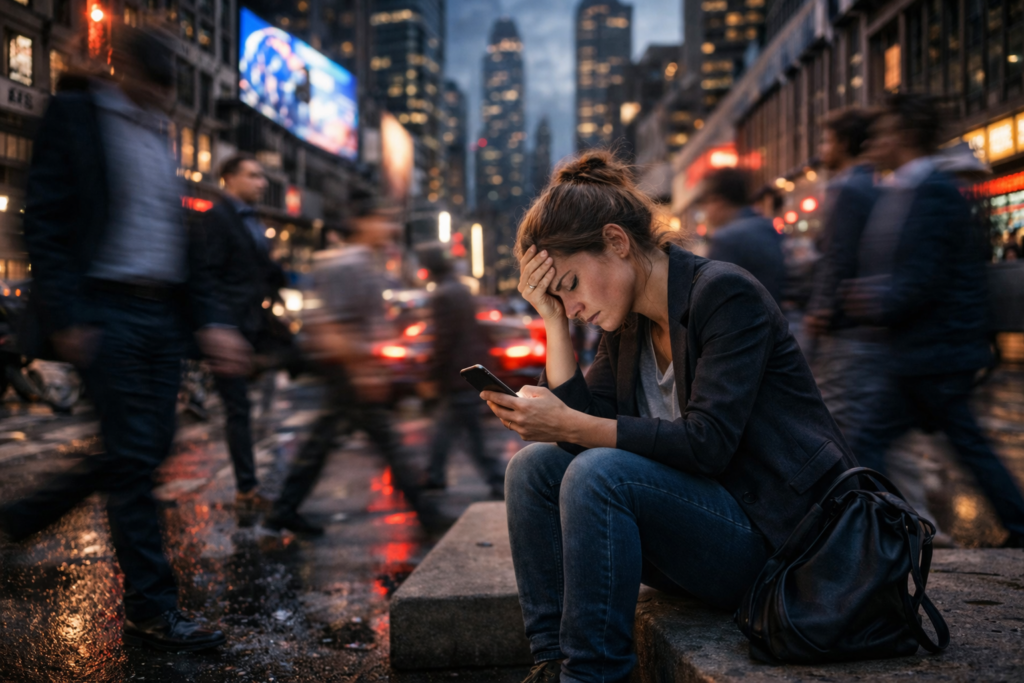 mujer con estrés en ciudad moderna mirando el móvil rodeada de personas en movimiento en el siglo XXI