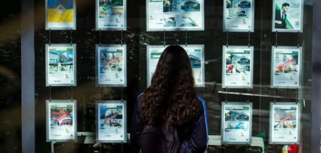 Joven mirando el escaparate de una inmobiliaria con anuncios de alquiler en España
