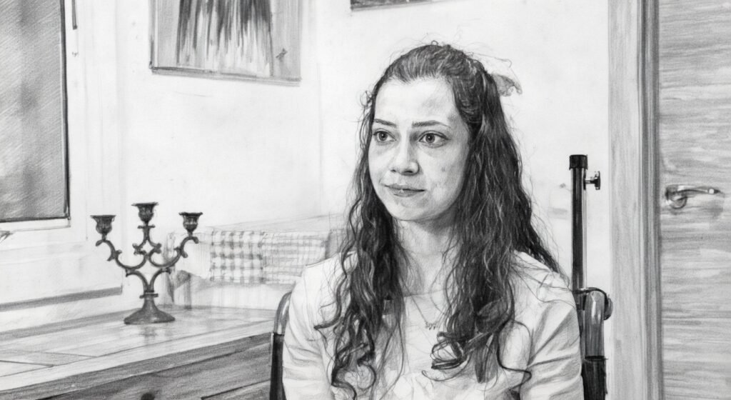 Retrato artístico en blanco y negro de Noelia Lorente, joven activista por la eutanasia en España, sentada en su habitación junto a un candelabro.