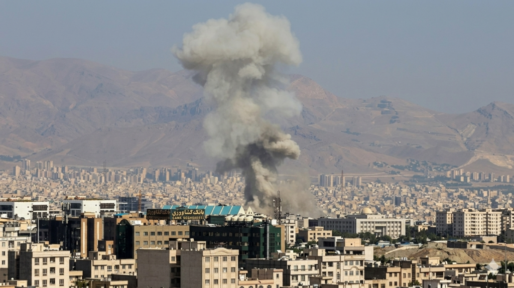 Ficha visual de la nube de humo y polvo tras una supuesta explosión en una ciudad de Oriente Medio, en el contexto de la noticia de que **Trump desmarca bombardeo Irán** de la autoría de EE. UU.
