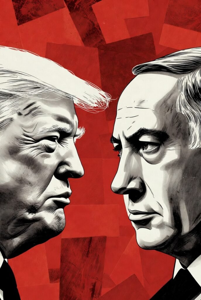 Ilustración crítica que mezcla comida con los rostros de Trump y Netanyahu simbolizando el conflicto con Irán y la falta de estrategia clara
