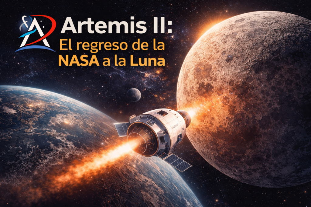 Nave Orion de Artemis II orbitando la Luna con la Tierra al fondo