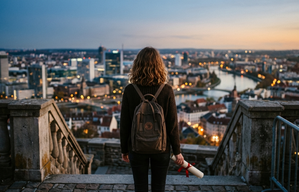 Graduada universitaria con diploma mirando una ciudad, representando la crisis de empleo joven.