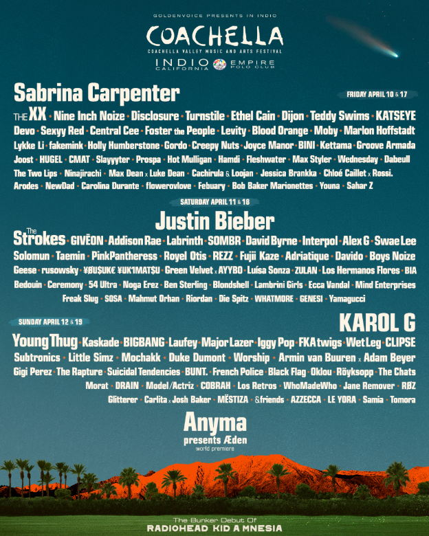 Cartel oficial de Coachella 2026 con artistas como Justin Bieber, Karol G y Major Lazer