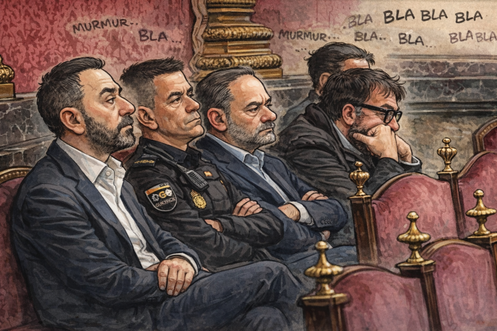 Caricatura del juicio del caso Ábalos en el Tribunal Supremo con los principales implicados sentados en la sala