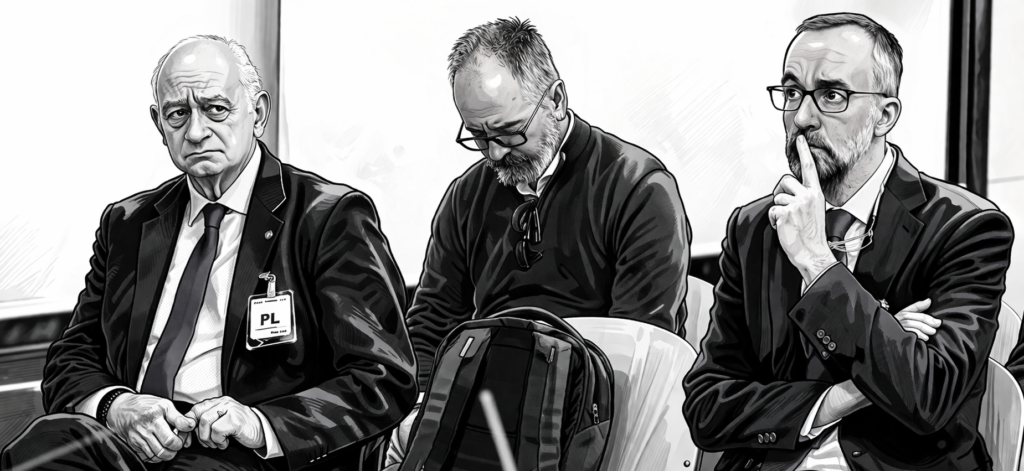 Caricatura en blanco y negro del juicio del caso Kitchen en la Audiencia Nacional con varios implicados durante la vista oral