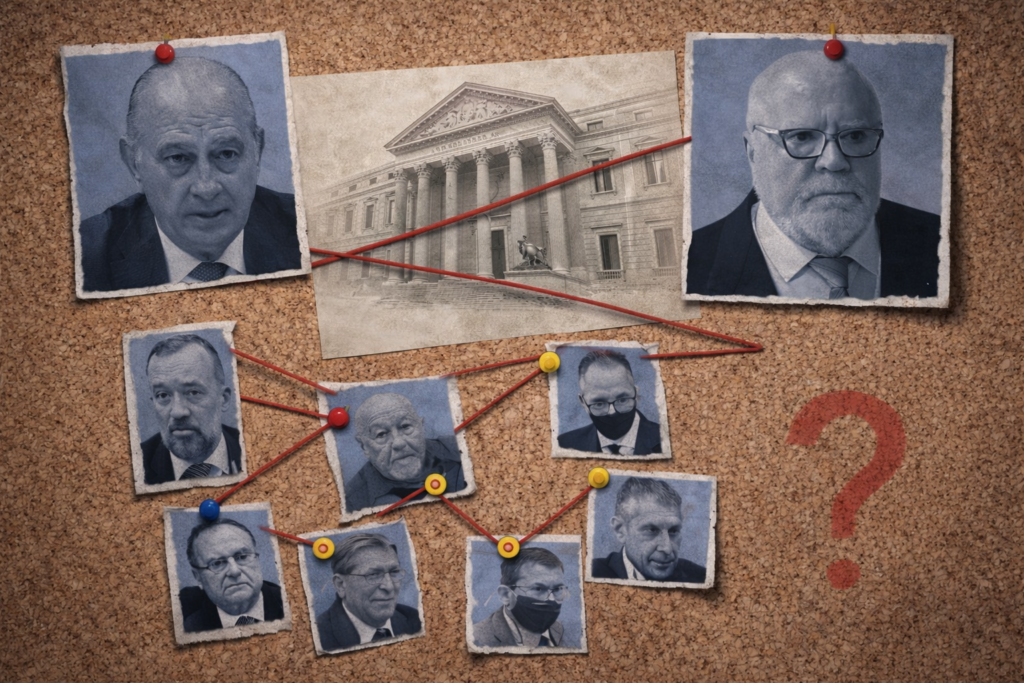 Ilustración del caso Kitchen con fotos conectadas por hilos rojos en una pizarra, representando la trama de espionaje político en España