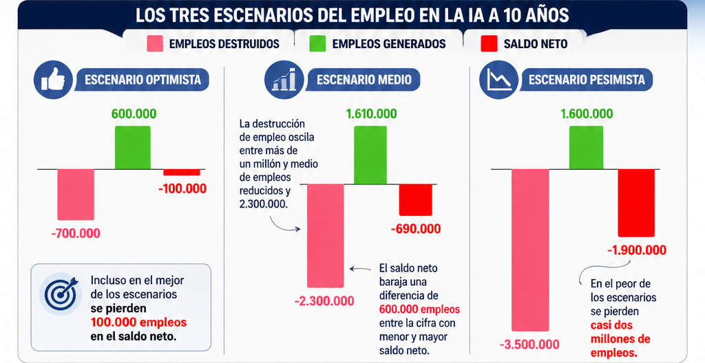 Impacto de la inteligencia artificial en el empleo en España con escenarios optimista, medio y pesimista a 10 años