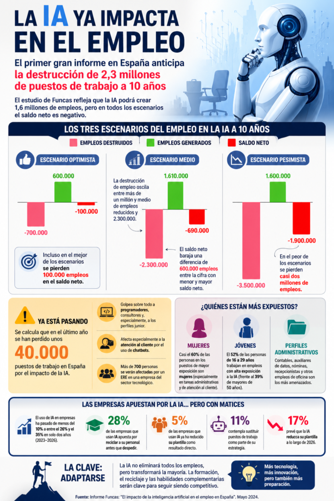 Impacto de la inteligencia artificial en el empleo en España con escenarios a 10 años