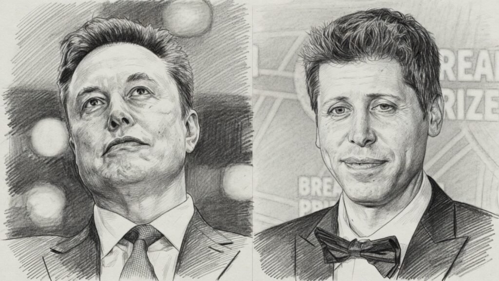 Elon Musk y Sam Altman retrato ilustrado juicio contra OpenAI inteligencia artificial