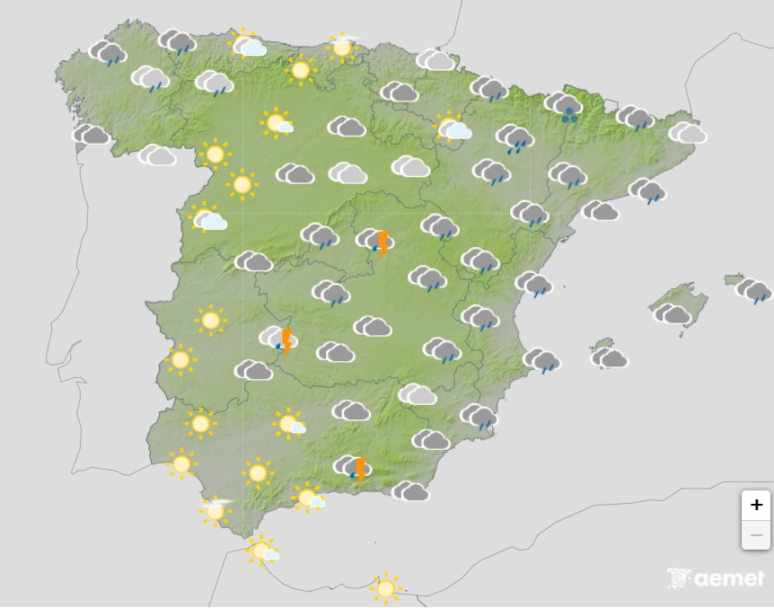 Mapa del tiempo en España hoy con temperaturas de 8 a 10 grados, lluvias, tormentas y nieve en varias zonas
