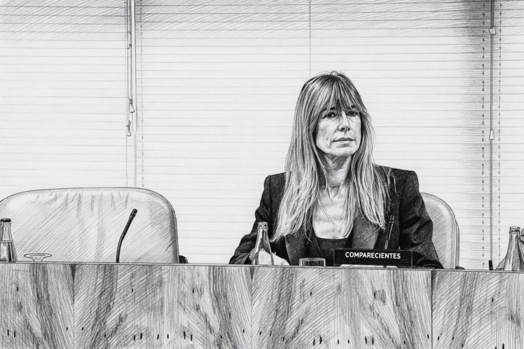 Peinado caso judicial Begoña Gómez ilustración en blanco y negro comparecencia