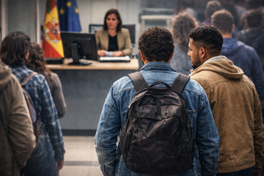 Migrantes esperando en una oficina de extranjería en España para tramitar su regularización administrativa