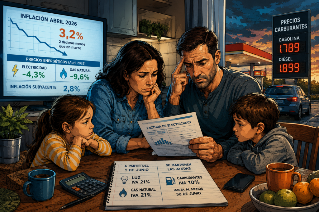 Familia revisando una factura energética tras la moderación de precios de luz y gas confirmada por el INE