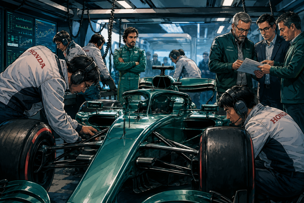 Ingenieros de Honda trabajan en el Aston Martin AMR26 mientras Fernando Alonso observa el desarrollo del monoplaza en Fórmula 1