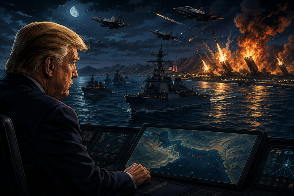 Ataques de EEUU a Irán cerca del estrecho de Ormuz con buques de guerra y Donald Trump supervisando la operación