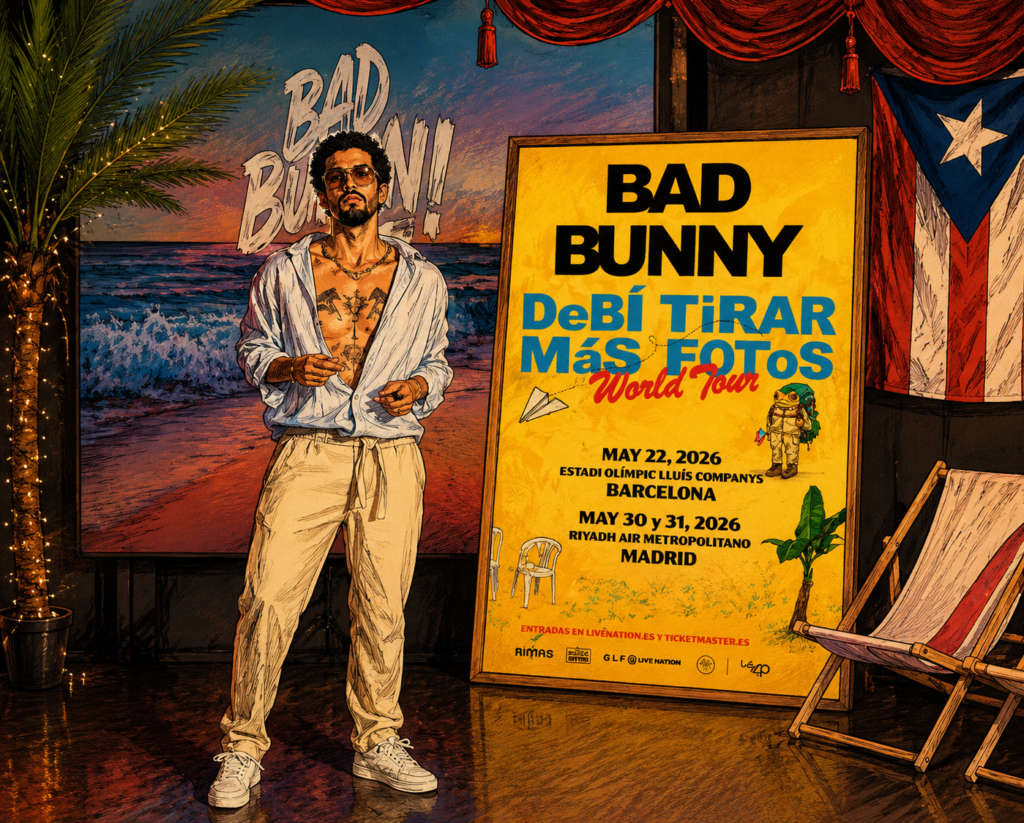 Ilustración de Bad Bunny junto a su figura de cera y el cartel de la gira Debí Tirar Más Fotos World Tour en el Museo de Cera de Madrid