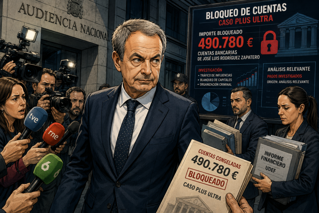 Ilustración editorial del bloqueo de cuentas de José Luis Rodríguez Zapatero por el caso Plus Ultra