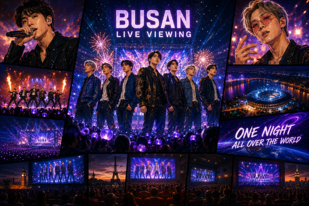 BTS durante la promoción de BUSAN LIVE VIEWING con retransmisión mundial en cines para ARMY.