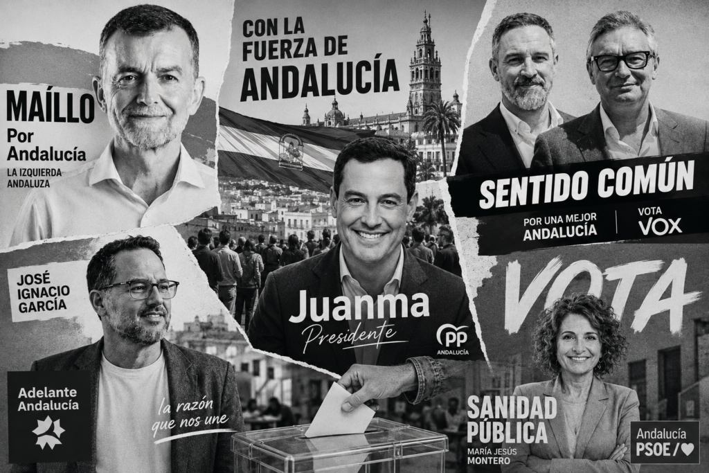 Collage en blanco y negro con candidatos de las elecciones Andalucía 2026
