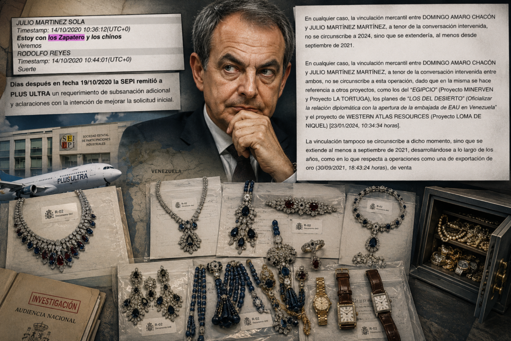 Collage editorial de Zapatero con joyas incautadas, conversaciones policiales y documentos de investigación