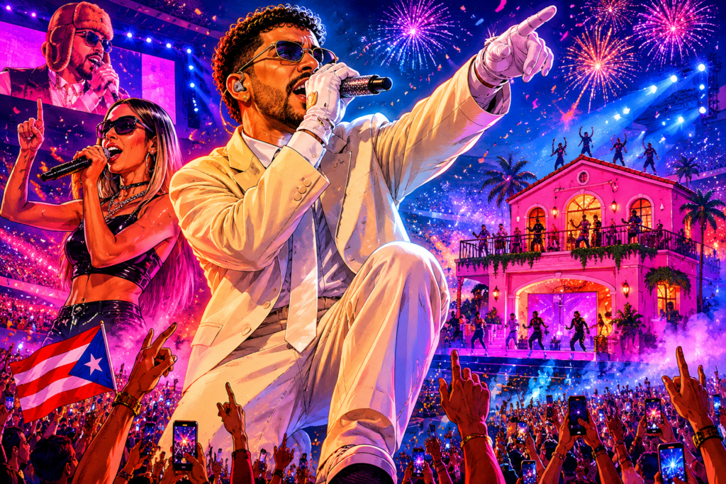 Bad Bunny actuando en Barcelona durante el inicio de su gira europea junto a una artista invitada y miles de fans