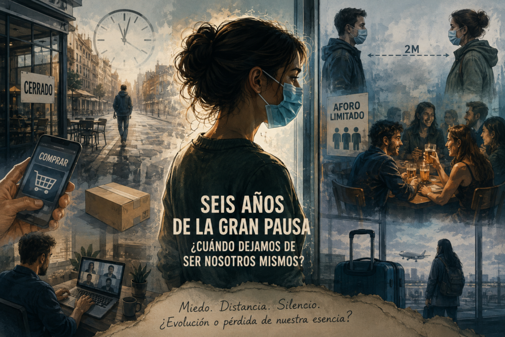 Ilustración editorial sobre las consecuencias sociales del COVID seis años después de la pandemia