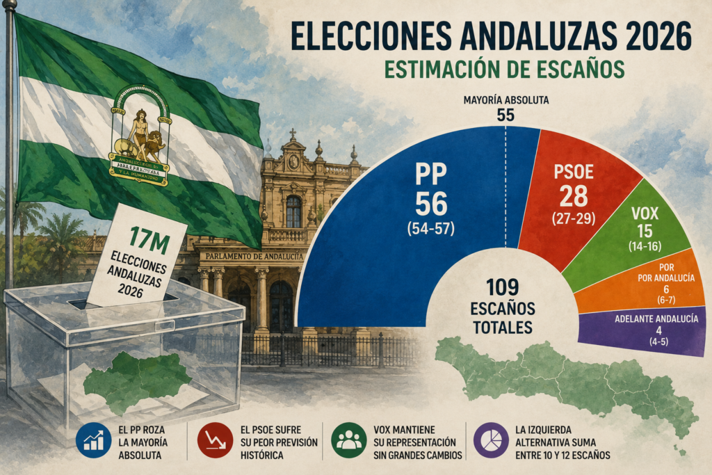 Estimación de escaños en las elecciones andaluzas 2026 con el PP cerca de la mayoría absoluta en el Parlamento de Andalucía