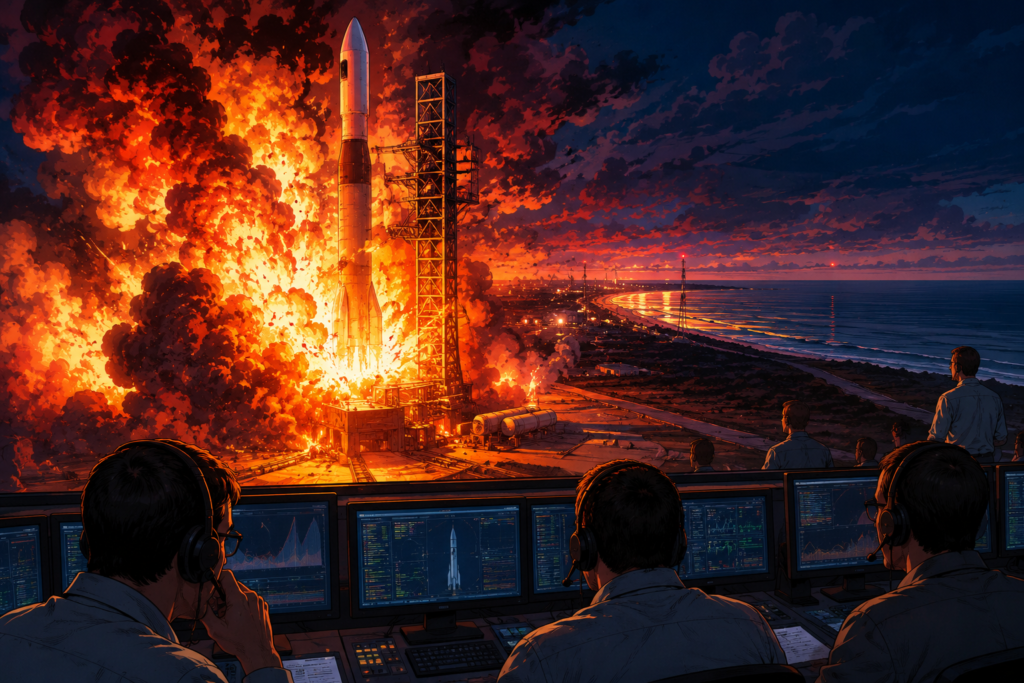 Ilustración de la explosión del cohete New Glenn de Blue Origin durante una prueba en Cabo Cañaveral, Florida.
