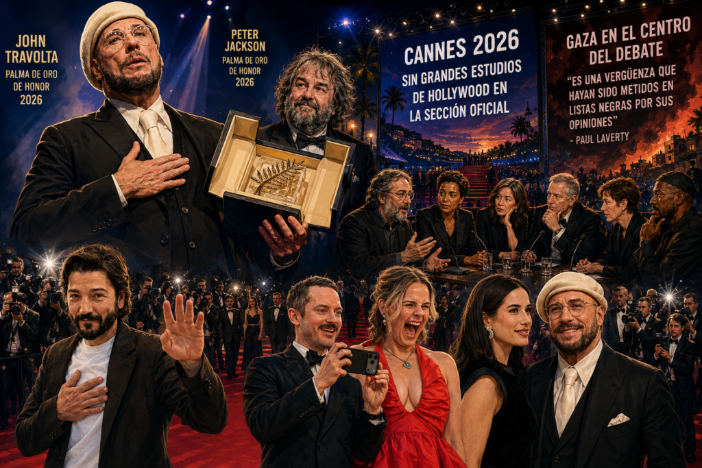 Ilustración editorial del Festival de Cannes 2026 con John Travolta, Peter Jackson y el debate sobre Hollywood y Gaza