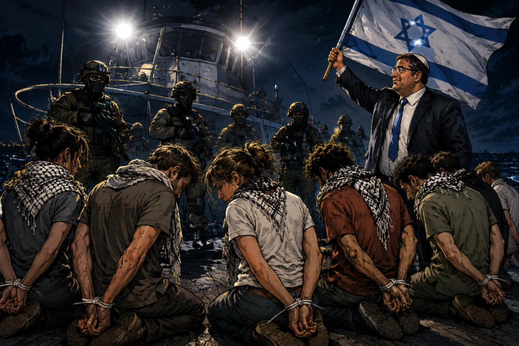 Activistas de la flotilla humanitaria arrodillados y retenidos por fuerzas israelíes en un barco interceptado rumbo a Gaza.