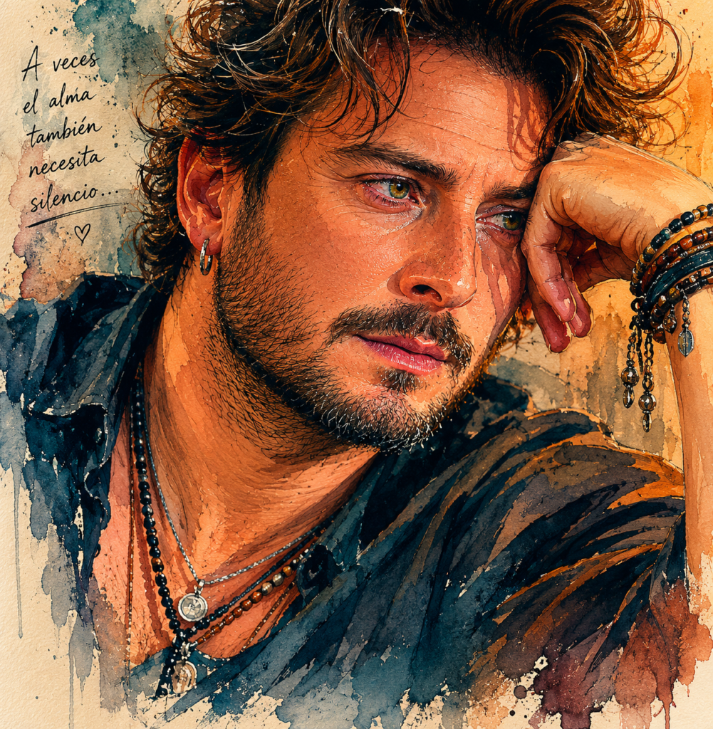 Ilustración acuarela inspirada en Manuel Carrasco con mirada melancólica, ojos verdes y estética emocional artística.