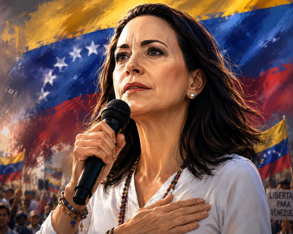 María Corina Machado durante un discurso político sobre la transición democrática en Venezuela