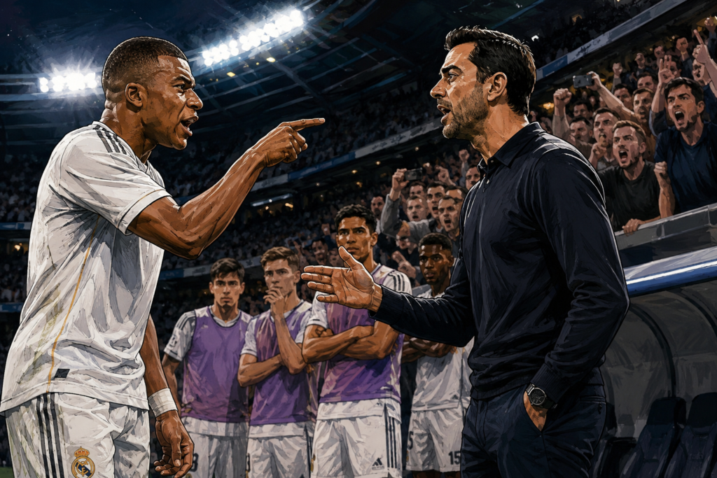 Kylian Mbappé y Álvaro Arbeloa discuten en el Santiago Bernabéu durante la crisis del Real Madrid