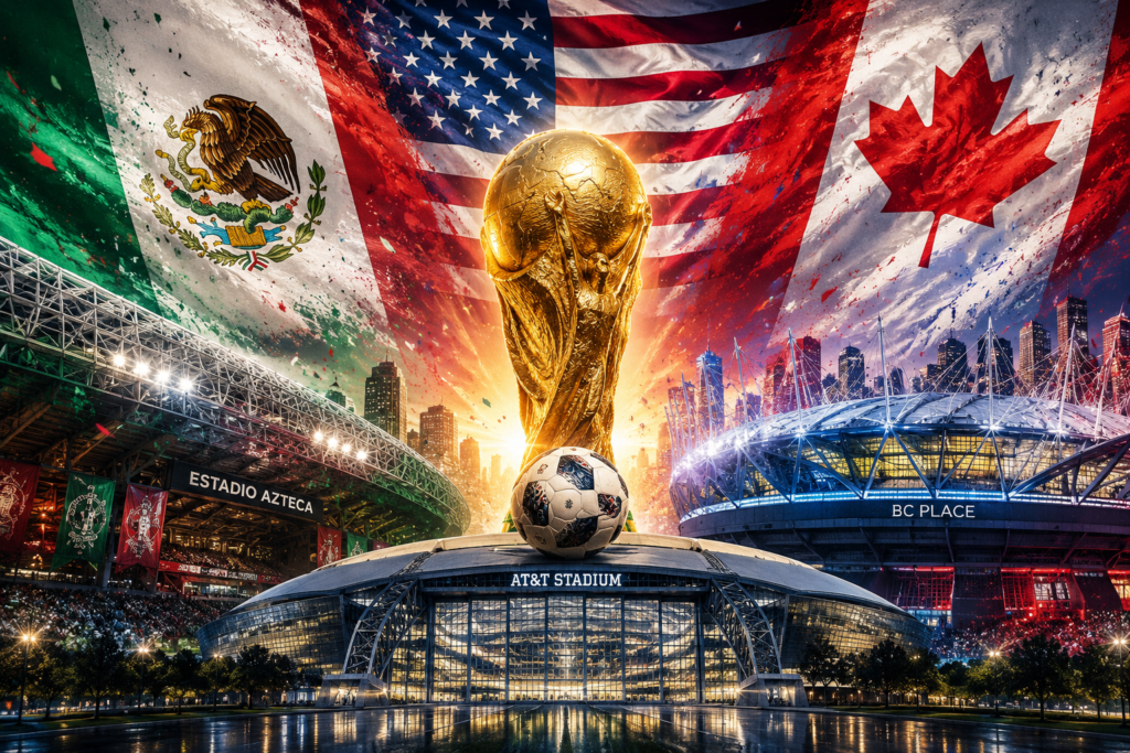 Ilustración del Mundial 2026 con estadios, banderas de México, Estados Unidos y Canadá y la Copa del Mundo