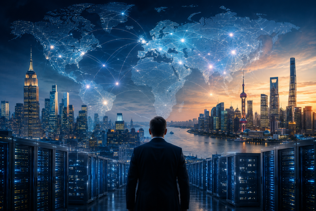 Mapa global con referencias a Estados Unidos, China e inteligencia artificial avanzada