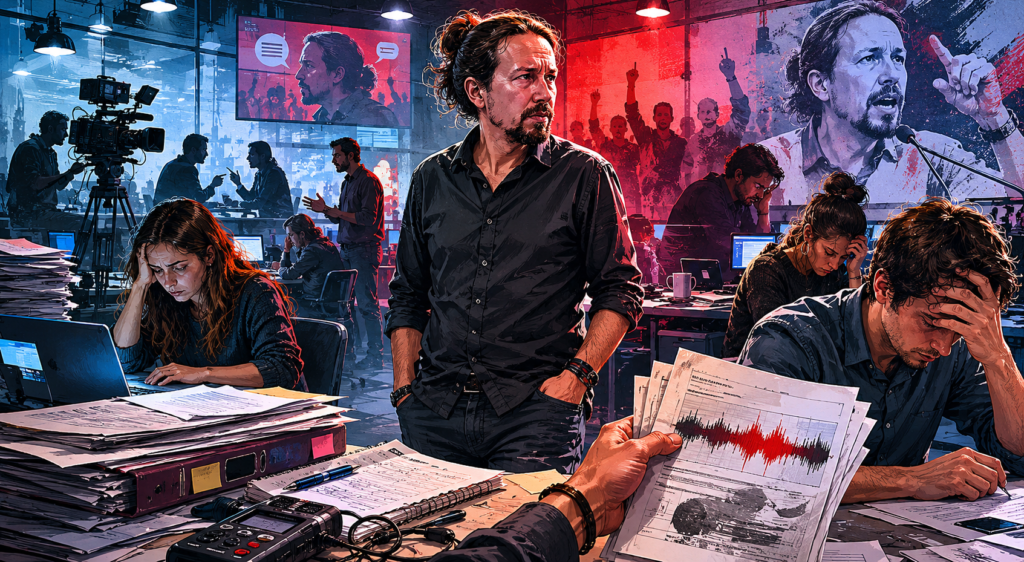 Ilustración de Pablo Iglesias en una redacción televisiva marcada por denuncias de explotación laboral y tensión interna en Canal Red