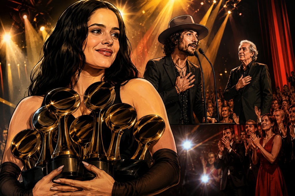 Rosalía sosteniendo premios en los Premios Academia de la Música 2026 junto a Leiva y Joan Manuel Serrat
