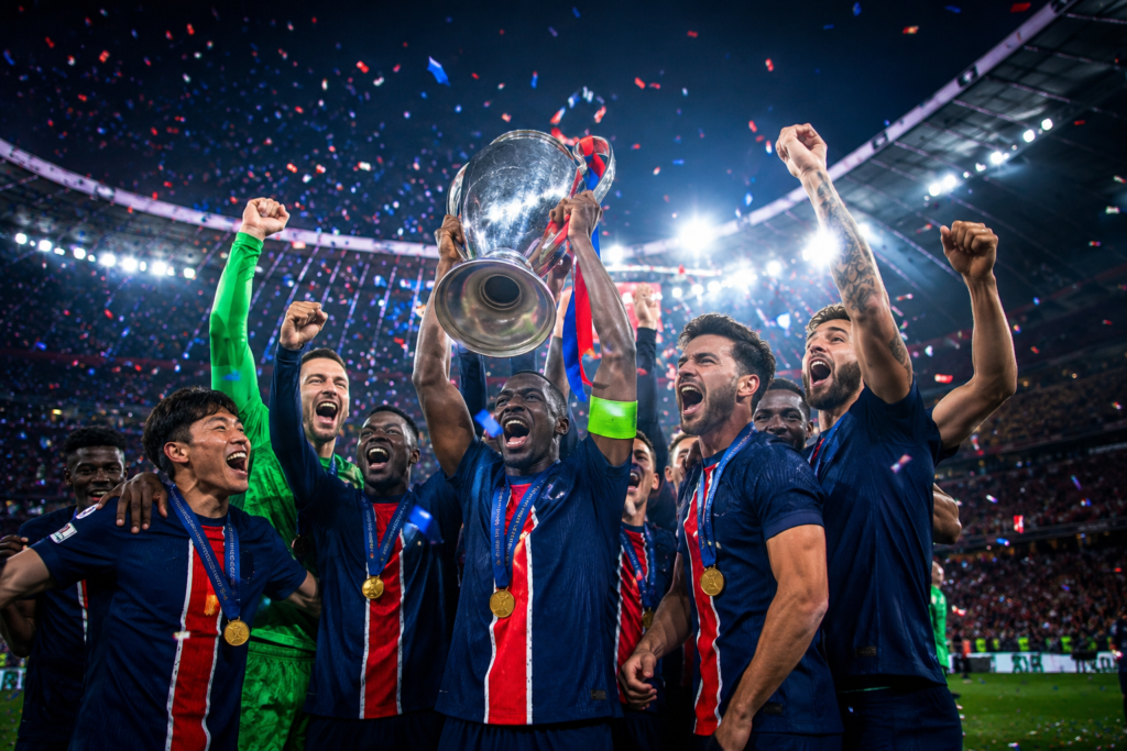 Jugadores del PSG celebran el título de la Champions League 2026 tras vencer al Arsenal por penales.