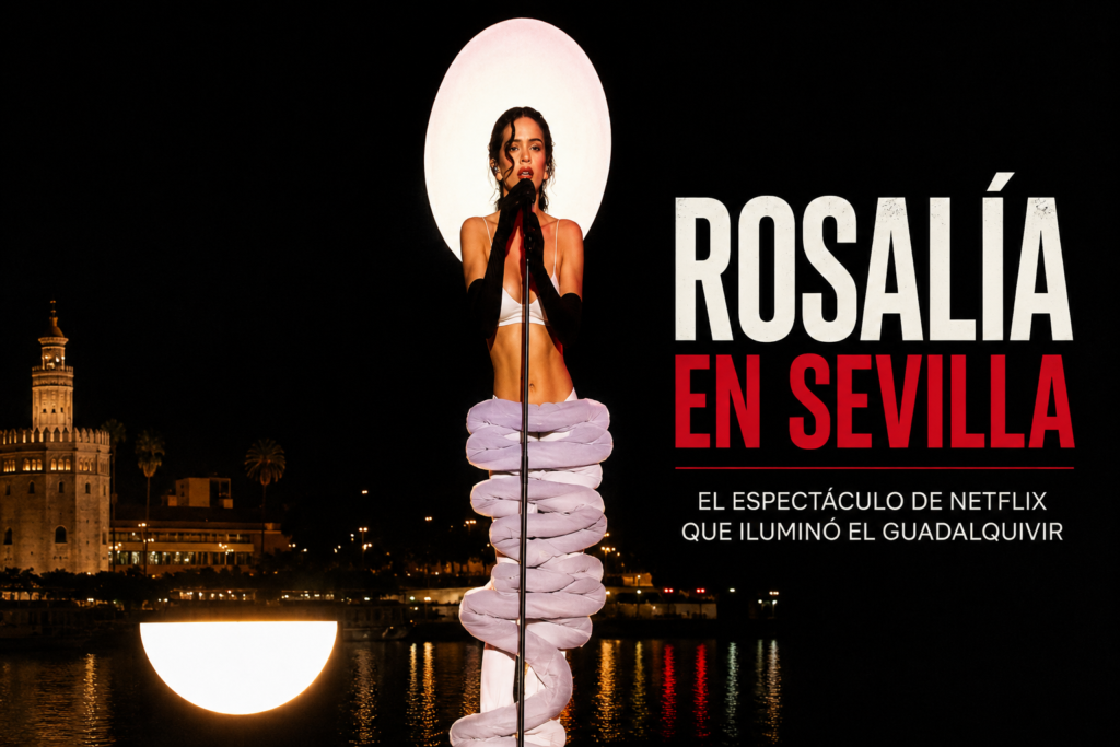 Rosalía actuando en Sevilla durante el espectáculo especial de Netflix junto al río Guadalquivir.