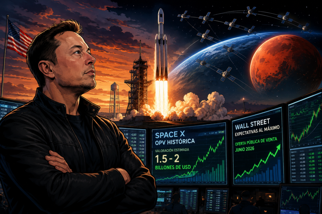 Salida a bolsa de SpaceX liderada por Elon Musk durante un lanzamiento espacial con gráficos financieros