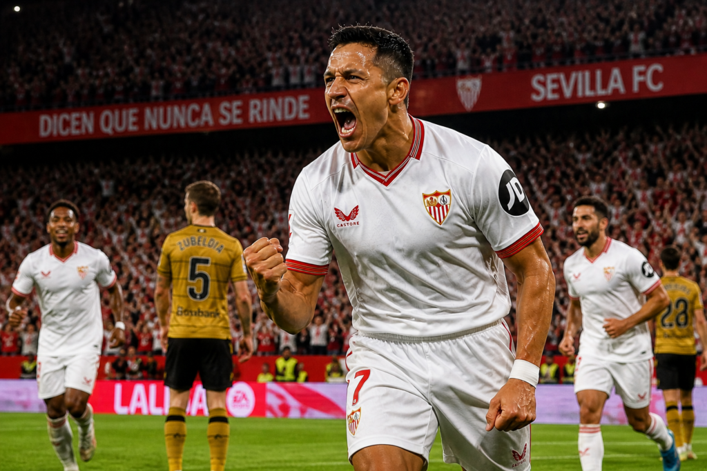 Sevilla Real Sociedad con Alexis celebrando el gol que saca al Sevilla del descenso