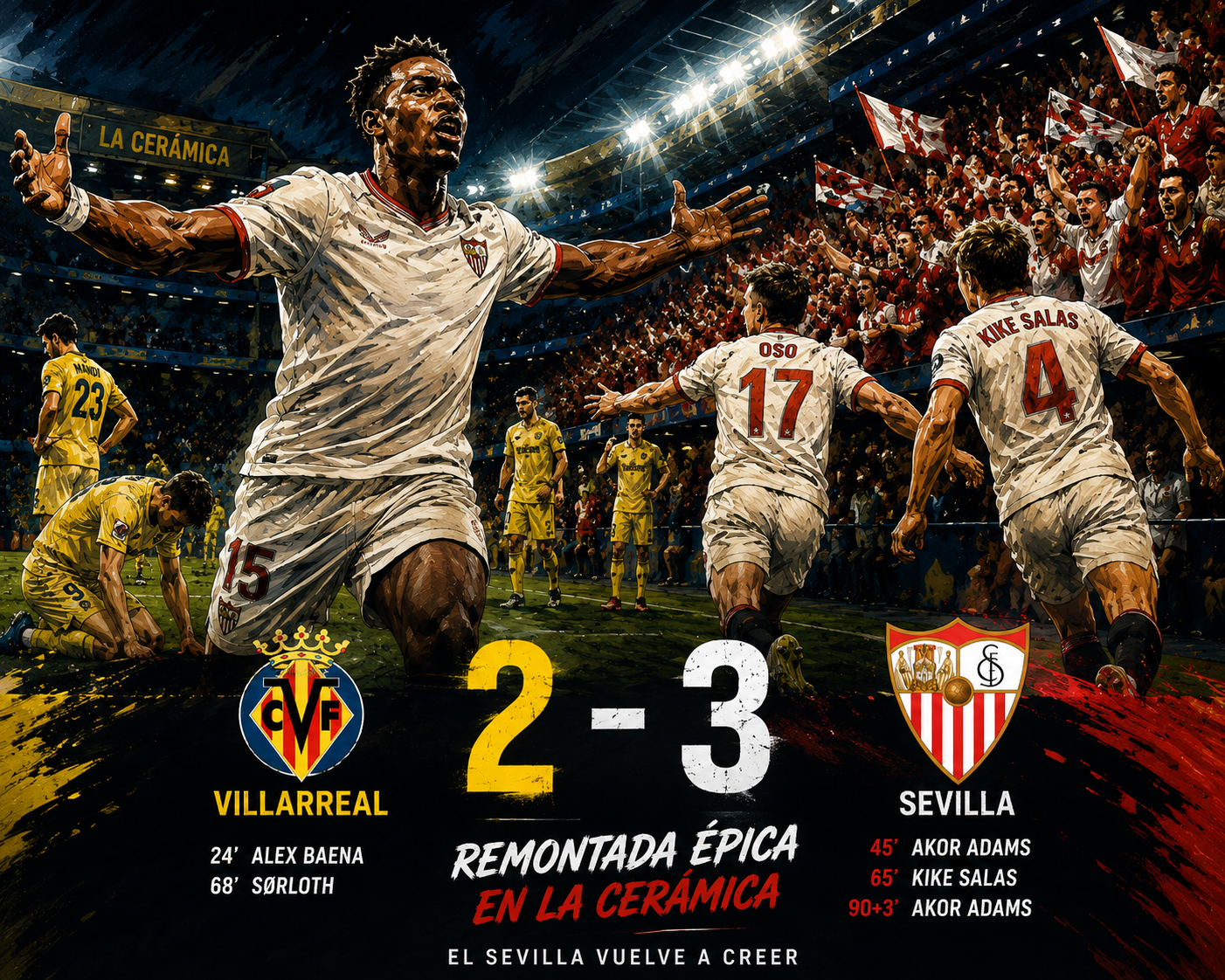 Ilustración de la remontada del Sevilla ante el Villarreal con marcador 2-3 en La Cerámica