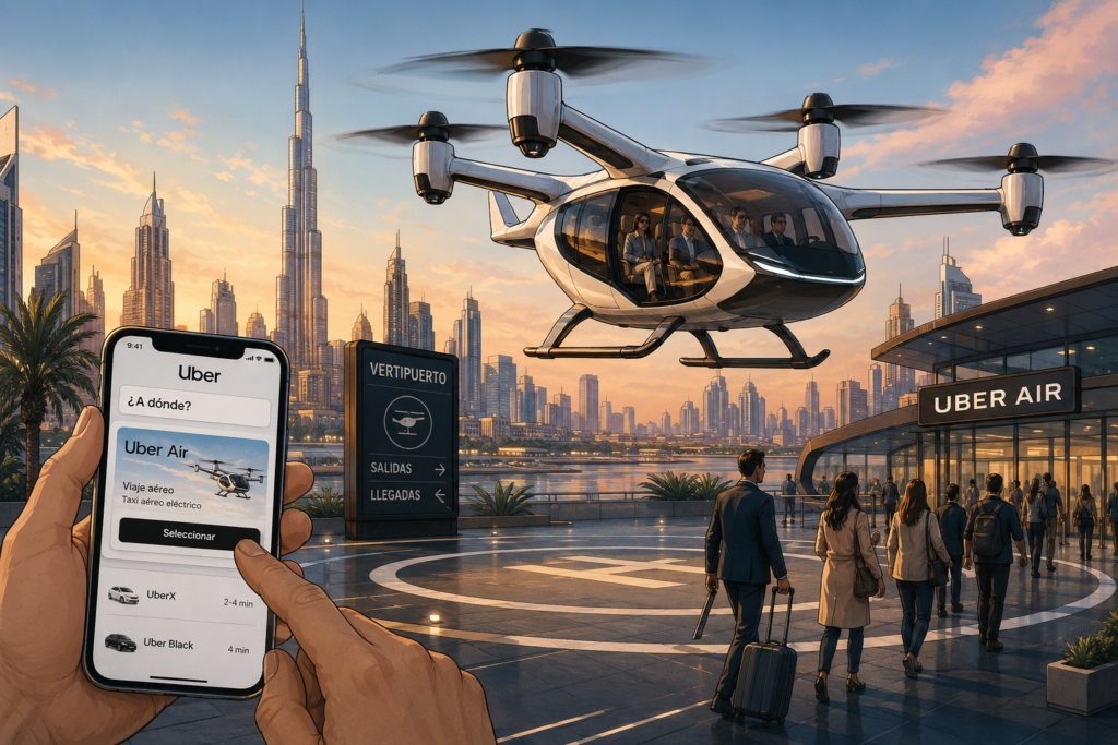 Taxis voladores Uber Air despegando desde un vertipuerto urbano