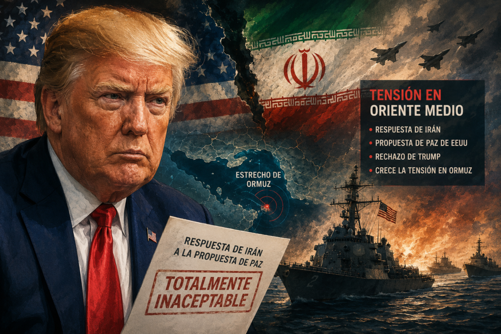 Imagen editorial de Donald Trump con gesto serio frente a buques de guerra y un mapa del estrecho de Ormuz durante la crisis entre Estados Unidos e Irán.