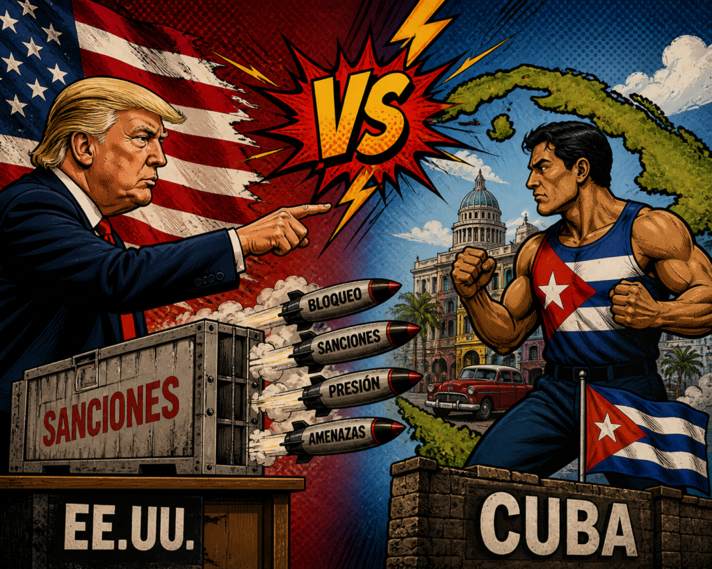 Ilustración tipo cómic de Donald Trump frente a Cuba representando sanciones y tensión entre Estados Unidos y la isla