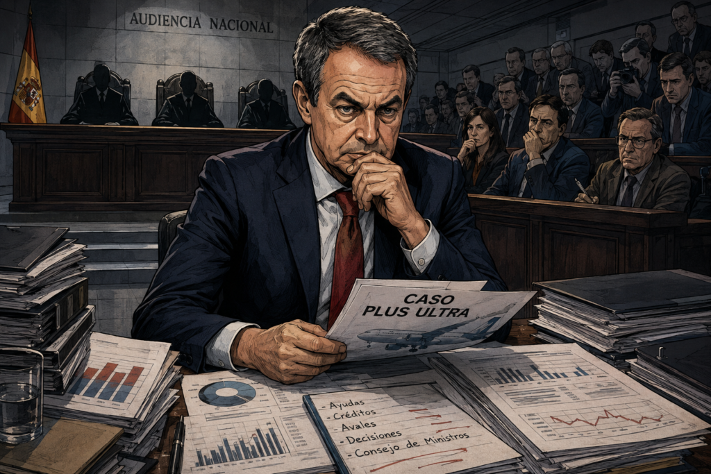 Zapatero caso Plus Ultra en una ilustración editorial sobre el auto judicial