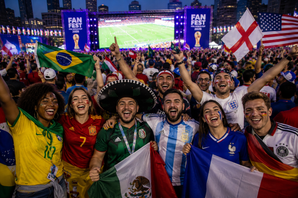 Aficionados de Brasil, España, México, Argentina, Francia, Alemania, Inglaterra y Estados Unidos celebran juntos en una fan zone del Mundial 2026
